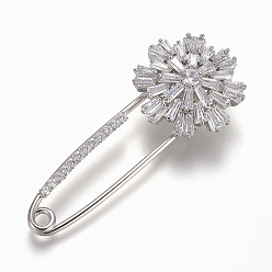 Platinum Brass Micro Pave Cubic Zirconia Safety Brooch, Flower, Clear, Platinum, 58x24mm, Pin: 1.5mm