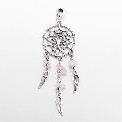 Rose Quartz Alloy European Dangle Charms, Woven Net/Web with Feather, with Natural Rose Quartz Beads, Antique Silver, 95mm, Hole: 4.5mm