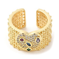 Real 16K Gold Plated Rack Plating Brass Hollow Open Cuff Rings, Colorful Cubic Zirconia Heart Ring, Real 16K Gold Plated, Inner Diameter: 18mm