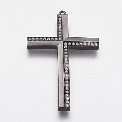 Gunmetal Brass Micro Pave Cubic Zirconia Big Pendants, Long-Lasting Plated, Cross, Gunmetal, 53.5x32x3mm, Hole: 1.5mm