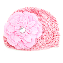 Pink Handmade Crochet Baby Beanie Costume Photography Props, with Cloth Flowers, Pink, 180mm
