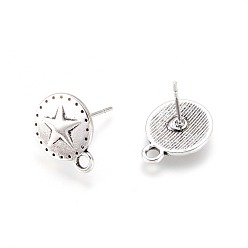 Antique Silver Tibetan Style Stud Earring Findings, with Loop, Cadmium Free & Lead Free, Flat Round, Antique Silver, 15x12mm, Pin: 1mm, Hole: 2mm