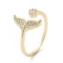 Golden Clear Cubic Zirconia Whale Tail Shape Open Cuff Ring, Brass Jewelry for Women, Golden, Inner Diameter: 18.6mm