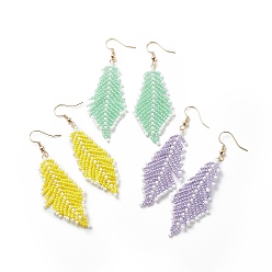 Mixed Color Japanese Seed Braided Feather Dangle Earrings, Brass Wire Wrap Long Drop Earrings for Women, Mixed Color, 75mm, Pin: 0.6mm