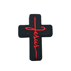 Noir Croix avec le mot Jésus, perles en silicone de qualité alimentaire, perles de dentition en silicone, noir, 30x22.2mm