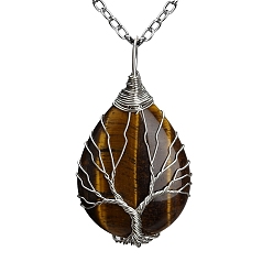 Œil De Tigre Collier pendentif en forme de larme d'oeil de tigre naturel, collier enroulé en fil de cuivre platine, 20.47 pouce (52 cm)