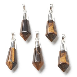 Tiger Eye Natural Tiger Eye Pendants, with Silver Brass Findings, Faceted, Bullet, 40x12x11mm, Hole: 7x5mm