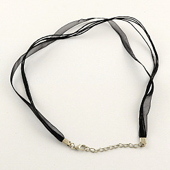 Black Multi-strand Necklace Cord for Jewelry Making, with 4 Loops Waxed Cord, Organza Ribbons, Zinc Alloy Lobster Claw Clasps and Iron Chains, Black, 17.3 inch
