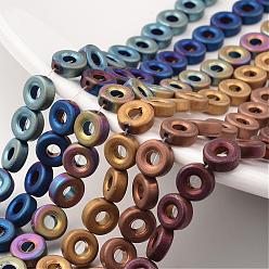 Mixed Color Electroplate Non-magnetic Synthetic Hematite Beads Strands, Frosted, Donut, Mixed Color, 8x3mm, Hole: 1mm, about 47pcs/strand, 15.7 inch