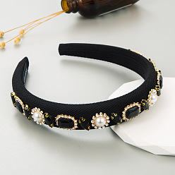 Black Baroque Glass Rhinestone Pearl Cloth Hair Bands, Wide Retro Hair Accessories for Women Girls, Black, 150x130x28mm