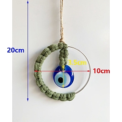 Olive Drab Handmade Woven Cotton Thread with Turkish Glass Evil Eye Wall Hanging Ornament, with Iron Ring, Olive Drab, 200x100mm