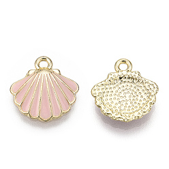 Pink Alloy Enamel Charms, Light Gold, Scallop Shell Shape, Pink, 13x13x2mm, Hole: 1.5mm
