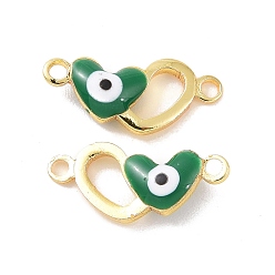 Verde Colgantes de conector de esmalte de latón, real 18 k chapado en oro, corazón doble con patrón de mal de ojo, verde, 6x14x3 mm, agujero: 1.2 mm