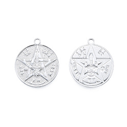 Stainless Steel Color 201 Stainless Steel Pendants, Flat Round with Star, Stainless Steel Color, 28.5x25x2mm, Hole: 2.5mm