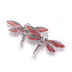Dark Red Antique Silver Plated Alloy Enamel Dragonfly Pendants, with Rhinestone, Dark Red, 42x72x4mm, Hole: 2mm