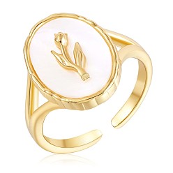 Golden 925 Sterling Silver Oval with Tulips Open Cuff Ring, Natural Shell Chunky Finger Ring for Women, Golden, US Size 5 1/4(15.9mm)