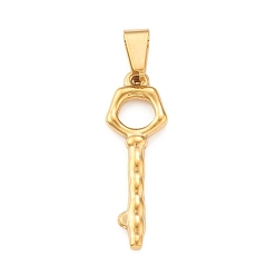 Golden Ion Plating(IP) 304 Stainless Steel Pendants, Key Charm, Golden, 35x11.5x3mm, Hole: 4x8mm
