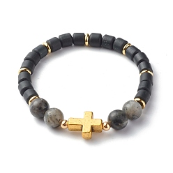 Black Natural Larvikite Beads Stretch Bracelets, with Handmade Polymer Clay & Alloy Cross & Brass Beads, Black, 1/4 inch(0.6cm), Inner Diameter: 2-1/4 inch(5.75cm)