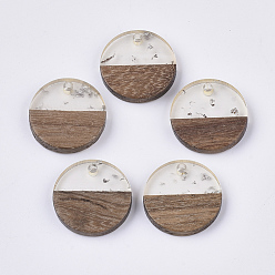 Silver Transparent Resin & Walnut Wood Pendants, with Silver Foil, Flat Round, Silver, 18x3.5mm, Hole: 1.5mm