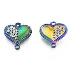 Rainbow Color 304 Stainless Steel Connector Charms, with Crystal Rhinestone, Heart, Rainbow Color, 14x13x3mm, Hole: 1.2mm & 1.6mm