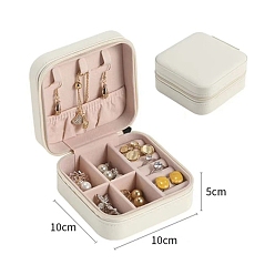White Imitation Leather Jewelry Storage Zipper Boxes, Travel Portable Jewelry Organizer Case for Necklaces, Earrings, Rings, Square, White, 10x10x5cm