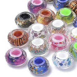 Mixed Color Resin Beads, Large Hole Beads, Faceted, Rondelle with Pattern, Mixed Color, 13.5~14x7.5~8mm, Hole: 5.5mm