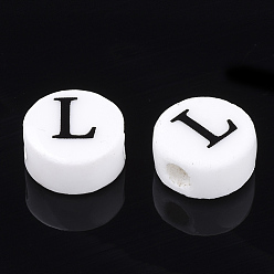 Letter L Handmade Porcelain Beads, Horizontal Hole, Flat Round with Letter, White, Letter.L, 8~8.5x4.5mm, Hole: 2mm
