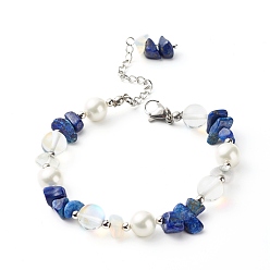 Lapis Lazuli Natural Lapis Lazuli(Dyed) Chip Beaded Bracelet for Girl Women, Round Shell Pearl & Opalite Chip & Synthetic Moonstone Beads Bracelet, 7-1/4 inch(18.3cm)
