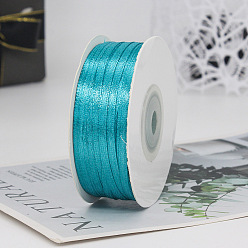 Cyan Polyester Double-Sided Satin Ribbons, Ornament Accessories, Flat, Cyan, 3mm, 100 yards/roll