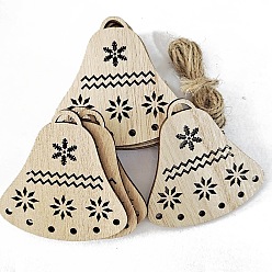 Christmas Bell Unfinished Wood Pendant Decorations, with Hemp Rope, for Christmas Ornaments, Christmas Bell, 7.3x6.7x0.25cm, 10pcs/bag