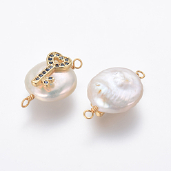 Bleu Foncé Connecteurs de liens de perles naturelles, avec accessoires zircon cubique micro pave en laiton, pépites avec clé de coeur, or, bleu foncé, 21~25x13~15x6~8mm, Trou: 1.6mm