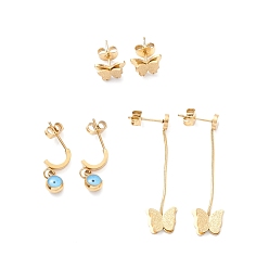 Golden 3 Pairs 3 Style Enamel Evil Eye Dangle Stud Earrings, Ion Plating(IP) 304 Stainless Steel Butterfly Tassel Earrings for Women, Golden, 7~39mm, Pin: 1mm, 1 Pair/style