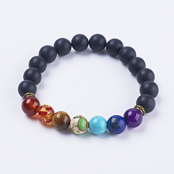 Black Agate Natural Frosted Black Agate Stretch Bracelets, with Mixed Stone and Alloy Findings, 2-3/8 inch(59mm)
