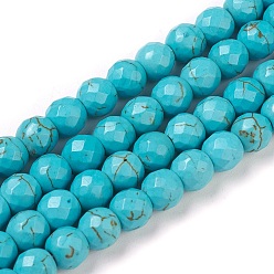 Turquoise Synthétique Perles synthétiques turquoise brins, teint, facette, ronde, 10x9~9.5mm, Trou: 1mm, Environ 41 pcs/chapelet, 14.5 pouce (37 cm)