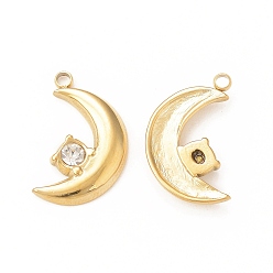 Real 18K Gold Plated 304 Stainless Steel Rhinestone Pendants, Moon Charm, Real 18K Gold Plated, 28x13x2.5mm, Hole: 1.4mm
