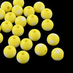 Yellow Dot Pattern Opaque Acrylic Beads, Round, Yellow, 16x15mm, Hole: 3mm, about 220pcs/500g