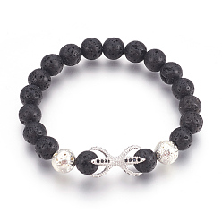 Platinum & Silver Stretch Bracelets, with Long-Lasting Plated Electroplated Natural Lava Rock, Natural Lava Rock and Brass Cubic Zirconia Beads, Claw, Platinum & Silver, 2-1/4 inch(5.6cm)