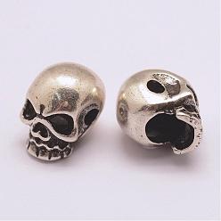 Antique Silver Brass Beads, Long-Lasting Plated, Cadmium Free & Nickel Free & Lead Free, Skull, Antique Silver, 10x8x10mm, Hole: 2mm