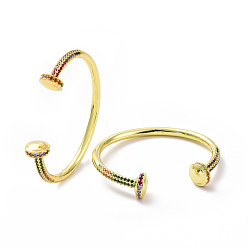 Light Gold Bracelet de manchette ouvert rond plat en zircone cubique colorée, bijoux en laiton pour femmes, or et de lumière, diamètre intérieur: 2-3/8x1-7/8 pouce (6x4.75 cm)