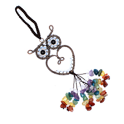 Opalite Opalite Owl Pendant Decorations, Colorful Gemstone Chip Beaded Tassel Hanging Ornament, with Metal Frame, 180mm