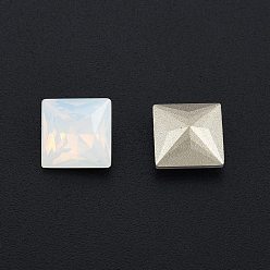 White Opal K9 Glass Rhinestone Cabochons, Pointed Back & Back Plated, Faceted, Square, White Opal, 8x8x4.5mm