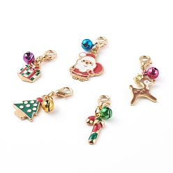 Mixed Color Christmas Theme Light Gold Alloy Enamel Pendants, with Lobster Claw Clasps and Bell Charms, Christmas Gift & Candy Cane & Santa Claus & Deer & Tree, Mixed Color, 27~36mm