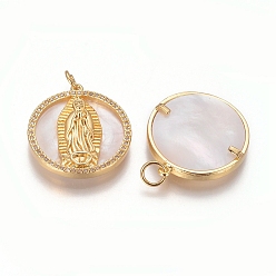 Golden Brass Pendants, with Micro Pave Cubic Zirconia, Shell and Jump Rings, Flat Round with Virgin Mary, Clear, Golden, 25x22x3mm, Hole: 3mm