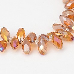 Chocolate Electroplate Glass Beads Strands, Top Drilled Beads, Faceted Teardrop, AB Color Plated, Chocolate, 12~13x6mm, Hole: 1mm, about 95~99pcs/strand, 15.7~18 inch