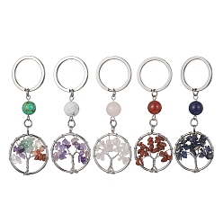 Mixed Stone Natural & Synthetic Mixed Stone Chips Flat Round with Tree of Life Kcychain, with 304 Stainless Steel Findings, 8cm