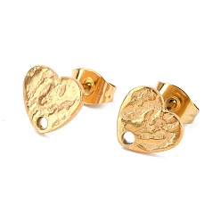 Real 18K Gold Plated Ion Plating(IP) 304 Stainless Steel Stud Earring Findings, with Ear Nuts, Textured Heart, Real 18K Gold Plated, 12x9mm, Hole: 1.4mm, Pin: 0.7mm