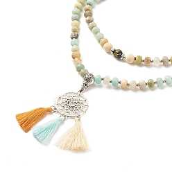 Colorful Om Mani Padme Hum Buddhist Necklace, Woven Net/Web with Tassel Pendant Necklace, Natural Obsidian & Flower Amazonite & Wood  Beads Necklace for Women, Colorful, 33.86 inch(86cm)