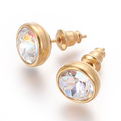 Clear AB 304 Stainless Steel Ear Studs, with Cubic Zirconia, Ion Plating (IP), Flat Round, Golden, Clear AB, 10x17mm, Pin: 0.7mm