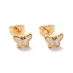 White Enamel Butterfly Stud Earrings with 316L Surgical Stainless Steel Pins, Gold Plated 304 Stainless Steel Jewelry for Women, White, 7.5x5.5mm, Pin: 0.7mm