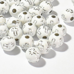Blanc Perles acryliques plaquées, ronde avec la croix, blanc, 8mm, 1800 pcs /sachet 
